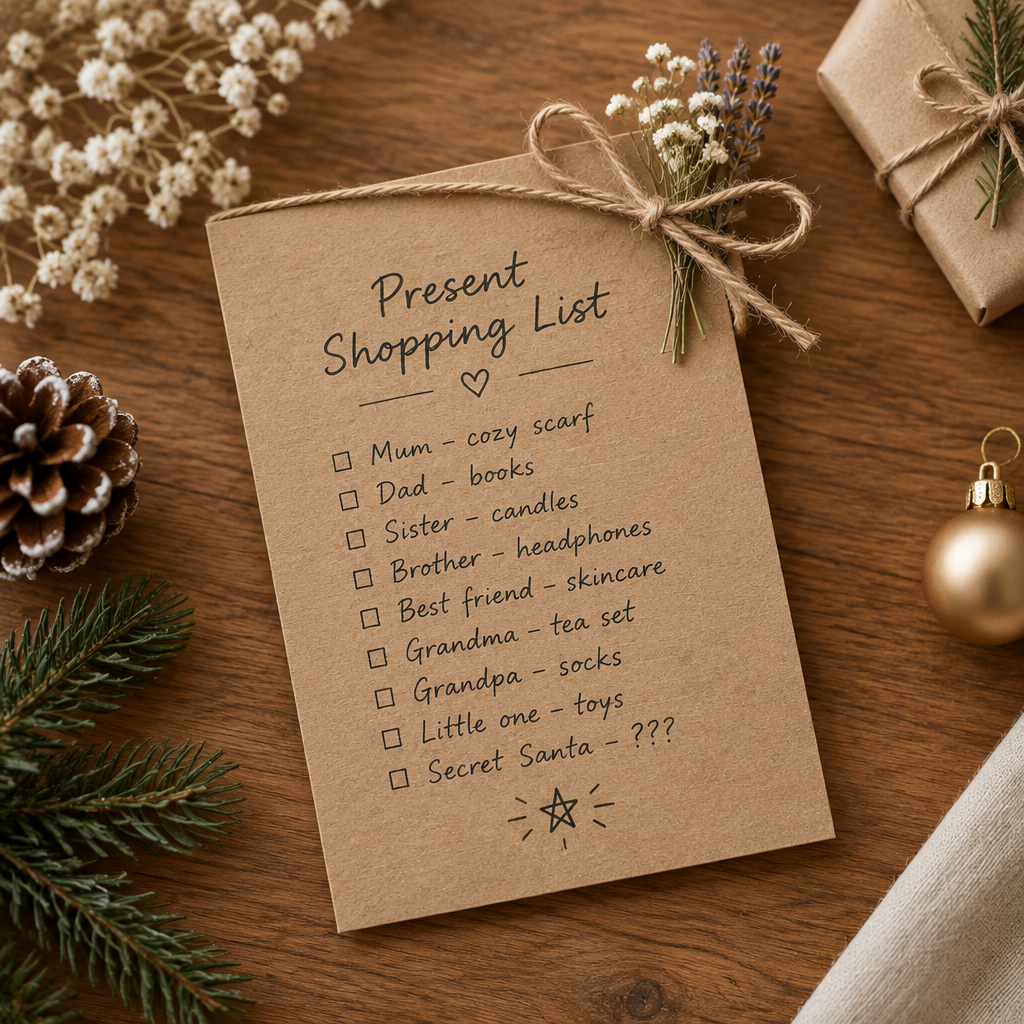 A present shopping list on kraft brown paper, tied with twine